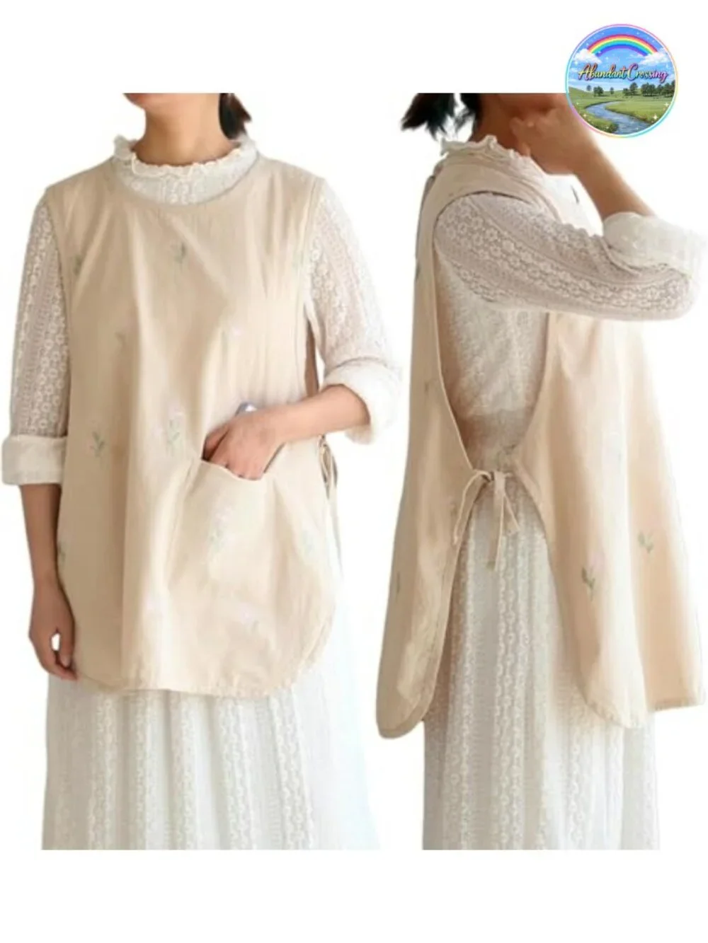 Cotton Cobbler Apron with Pocket Embroidered Flower Side Tie Soft Lightweight